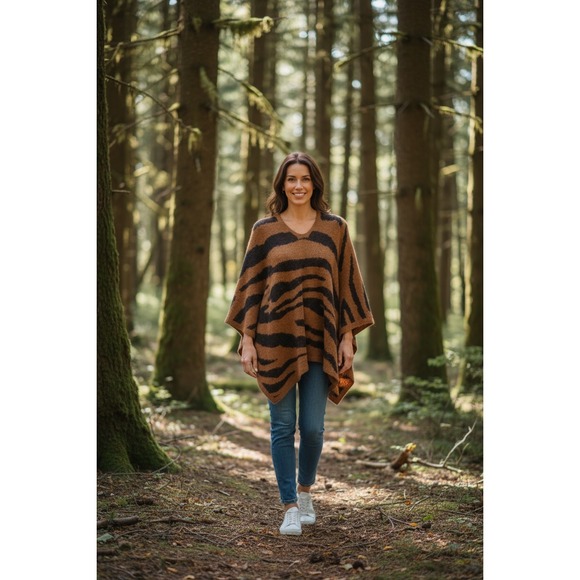 Do everything in love Sweaters - Do Everything In Love Brown Black Tiger Stripe Fuzzy Poncho One Size